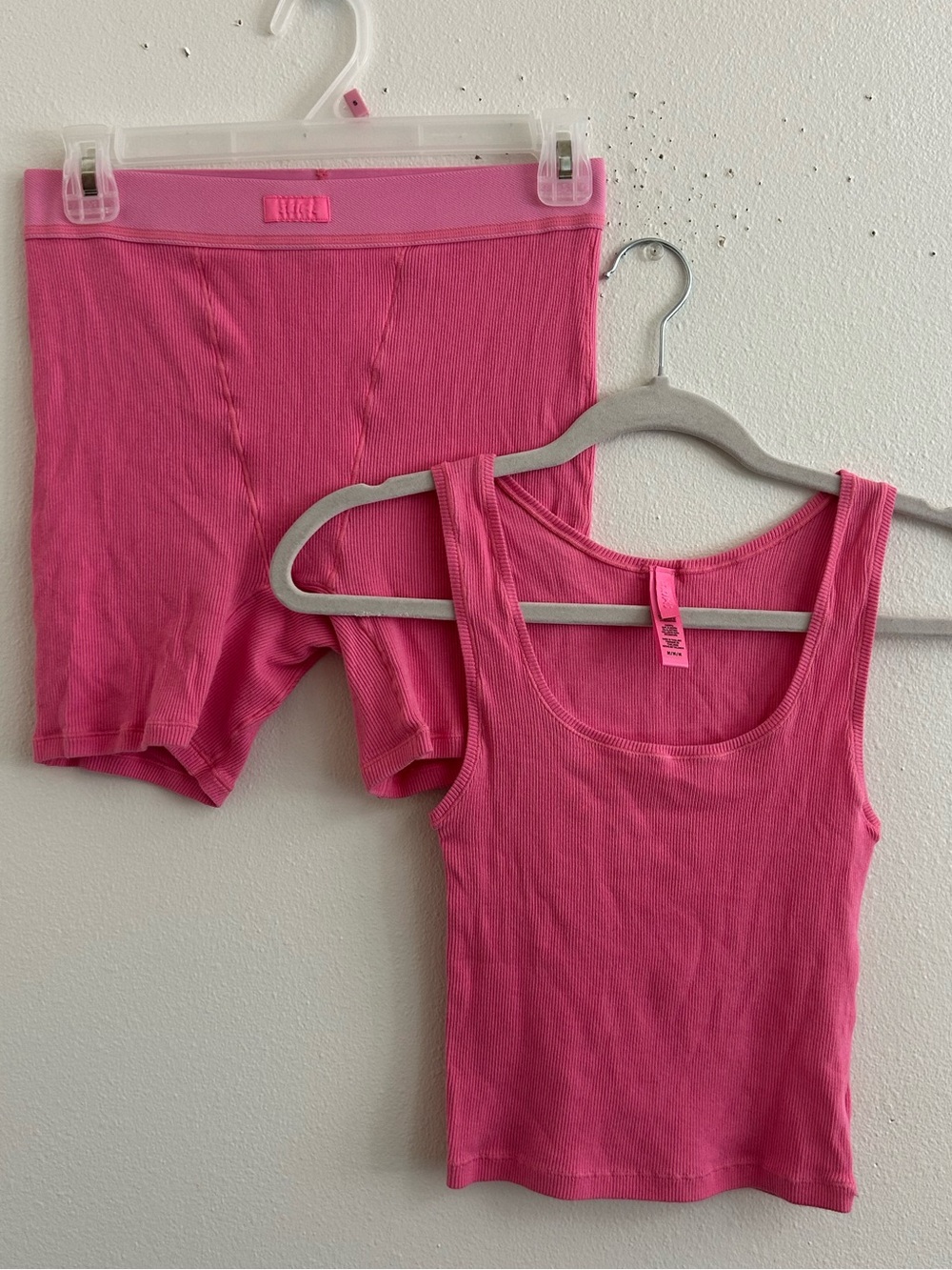 SKIMS pink ribbed shorts and tank top set